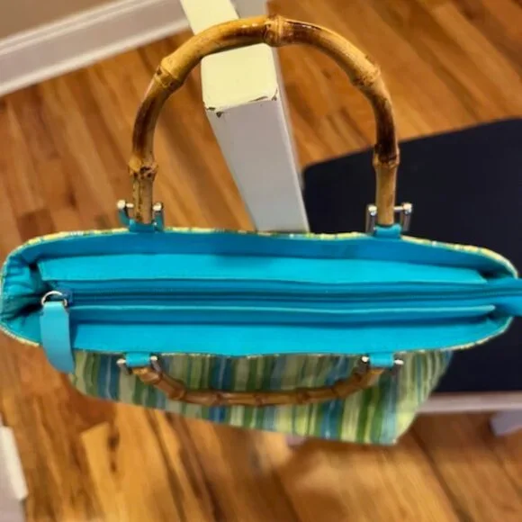 BRACIANO | Vintage Green & Blue Small Tote Purse Bag w/Round Mirror inserts - Picture 6 of 11